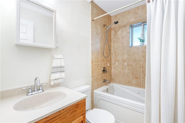full bath with toilet, shower / bath combination with curtain, and vanity
