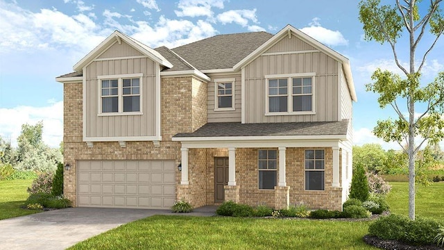 craftsman-style house with an attached garage, brick siding, concrete driveway, a front lawn, and board and batten siding