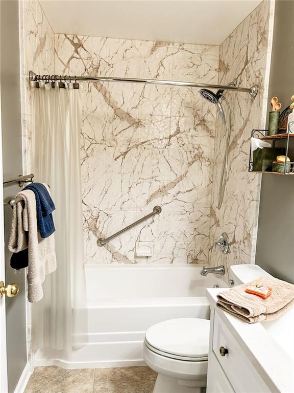 3809 Autumn View Ln NW, Acworth, GA 30101 - full bathroom featuring shower / bath combination with curtain, vanity, and tile patterned flooring