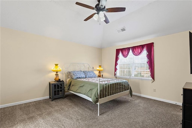 bedroom with visible vents, carpet floors, baseboards, ceiling fan, and vaulted ceiling