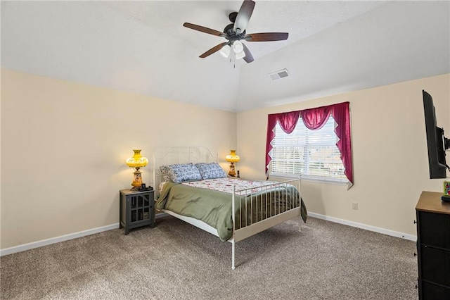 bedroom featuring a ceiling fan, baseboards, visible vents, carpet floors, and vaulted ceiling