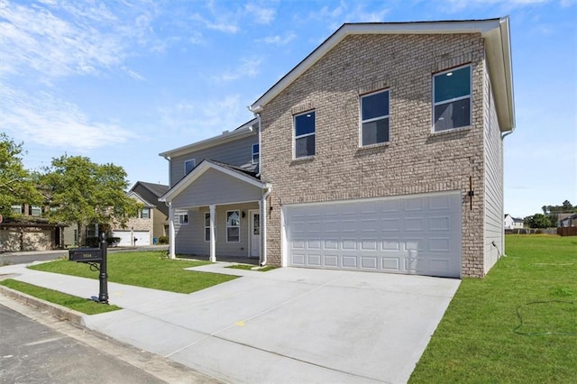 view of front of property with concrete driveway, brick siding, a front lawn, and an attached garage
