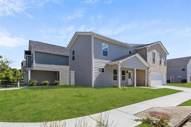 view of front of home featuring a porch, brick siding, driveway, a garage, and a front lawn