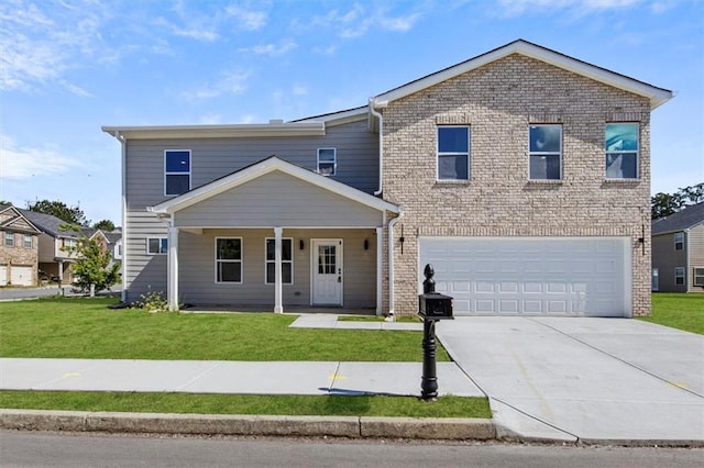 traditional-style house featuring a porch, an attached garage, brick siding, concrete driveway, and a front yard