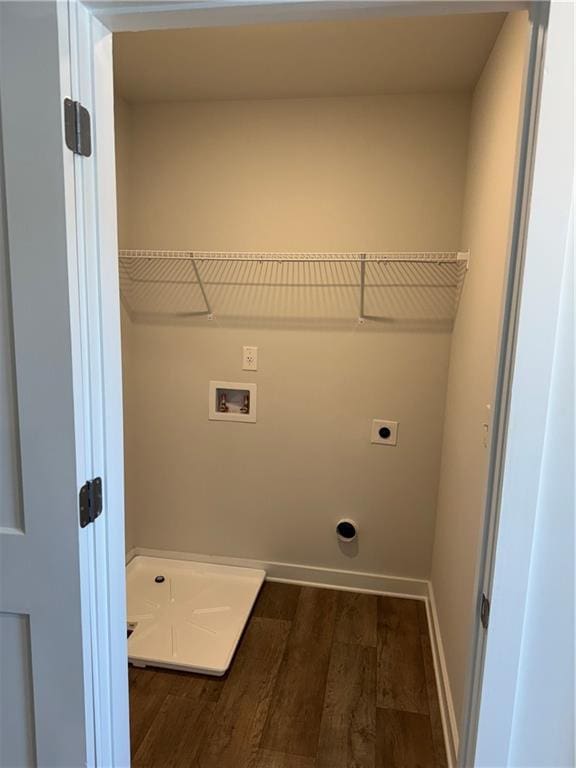 719 Windstream Dr, Lagrange, GA 30241 - washroom featuring electric dryer hookup, wood finished floors, washer hookup, and baseboards