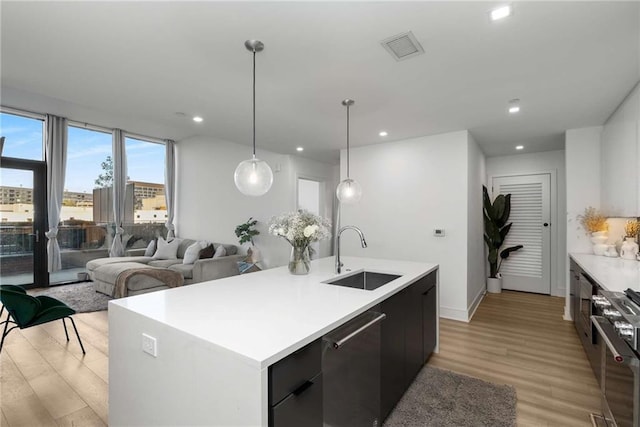 kitchen with high end stove, light wood-type flooring, a sink, light countertops, and dishwashing machine