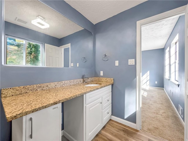 bathroom featuring wood-type flooring, vanity, a textured ceiling, and plenty of natural light