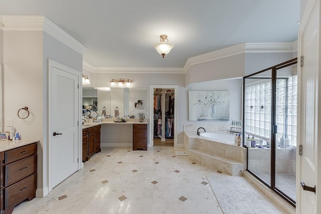 2623 Lindsey Grace Ln, Buford, GA 30519 - bathroom featuring vanity, a bath, ornamental molding, a spacious closet, and a shower with door