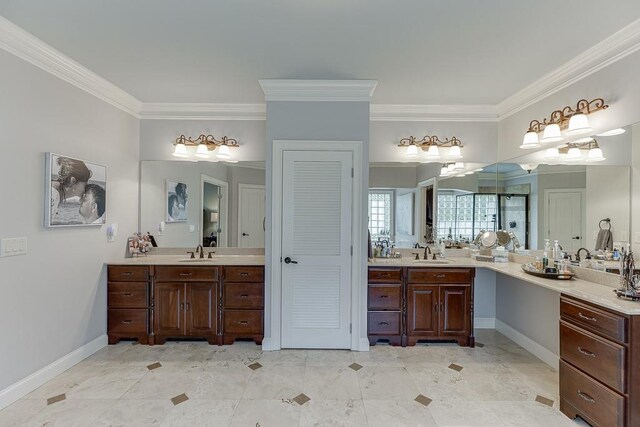 2623 Lindsey Grace Ln, Buford, GA 30519 - full bathroom with ornamental molding, two vanities, a stall shower, and baseboards