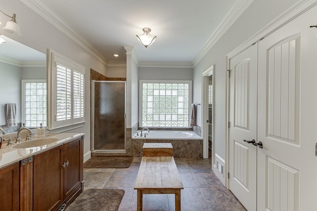 2623 Lindsey Grace Ln, Buford, GA 30519 - full bath with a garden tub, vanity, a stall shower, and ornamental molding