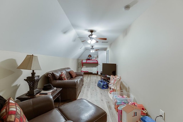 2623 Lindsey Grace Ln, Buford, GA 30519 - living area featuring wood finished floors, a ceiling fan, and vaulted ceiling