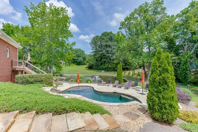 2623 Lindsey Grace Ln, Buford, GA 30519 - outdoor pool featuring stairway, a patio area, and view of scattered trees
