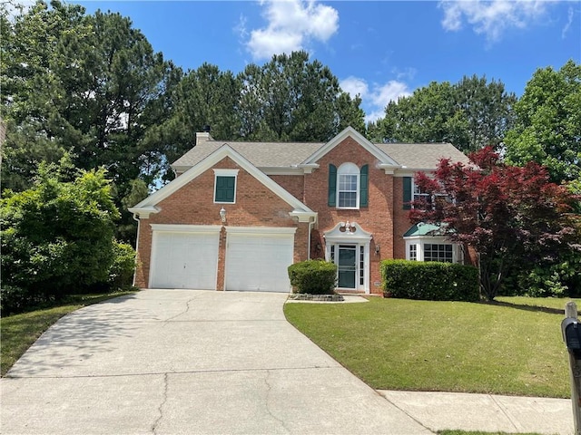 view of front facade with brick siding, driveway, a front yard, a garage, and a chimney