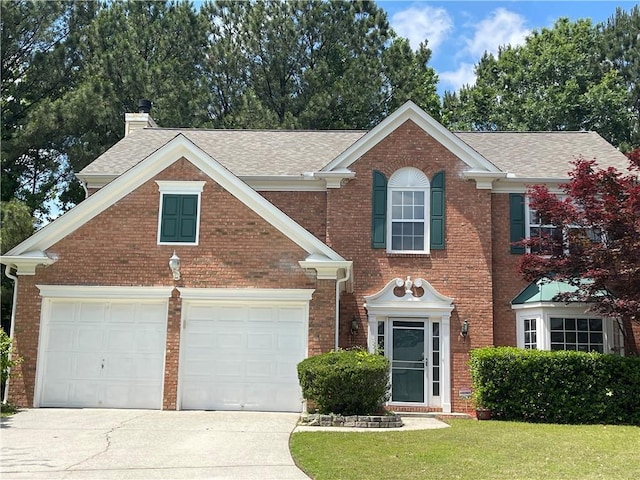 view of front of home featuring concrete driveway, brick siding, and a shingled roof