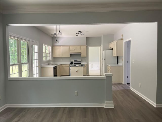 kitchen featuring freestanding refrigerator, dark wood-style floors, baseboards, a sink, and light countertops