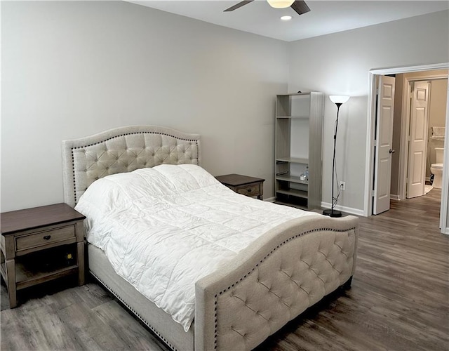 bedroom featuring wood finished floors, recessed lighting, baseboards, and ceiling fan