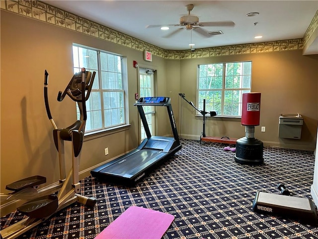 exercise room with baseboards, ceiling fan, carpet flooring, and recessed lighting