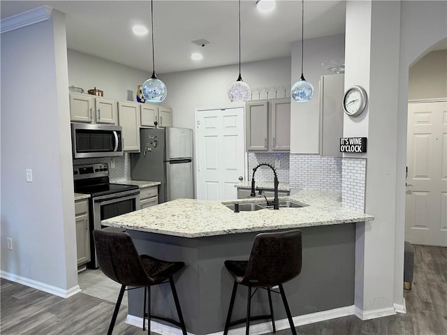 kitchen with appliances with stainless steel finishes, a sink, a peninsula, and wood finished floors
