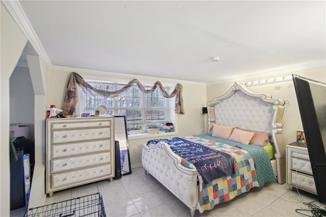 bedroom featuring ornamental molding and tile patterned floors