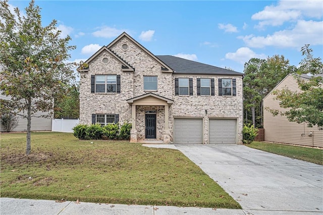 view of front of house featuring a front lawn and a garage