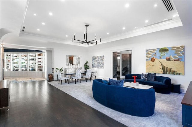 3286 Northside Pkwy NW Unit Ph2, Atlanta, GA 30327 - living room with a tray ceiling, crown molding, a chandelier, wood finished floors, and recessed lighting