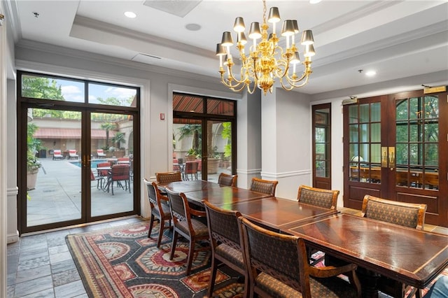 3286 Northside Pkwy NW Unit Ph2, Atlanta, GA 30327 - dining area featuring french doors, a chandelier, recessed lighting, and a raised ceiling