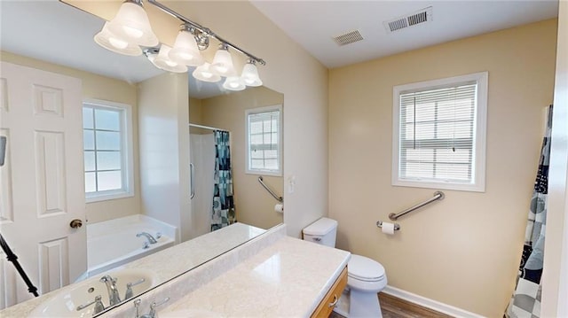 full bathroom with vanity, hardwood / wood-style flooring, a chandelier, and plenty of natural light