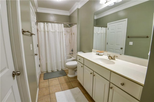 full bathroom with vanity, ornamental molding, tile patterned floors, toilet, and shower / tub combo with curtain