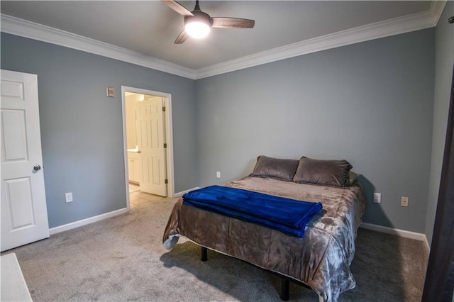 carpeted bedroom featuring ceiling fan and crown molding