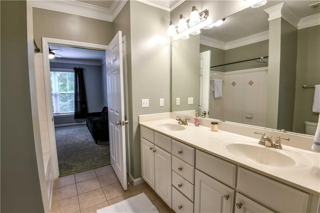 bathroom with vanity, walk in shower, tile patterned flooring, ornamental molding, and toilet