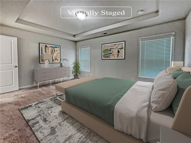 carpeted bedroom featuring a tray ceiling