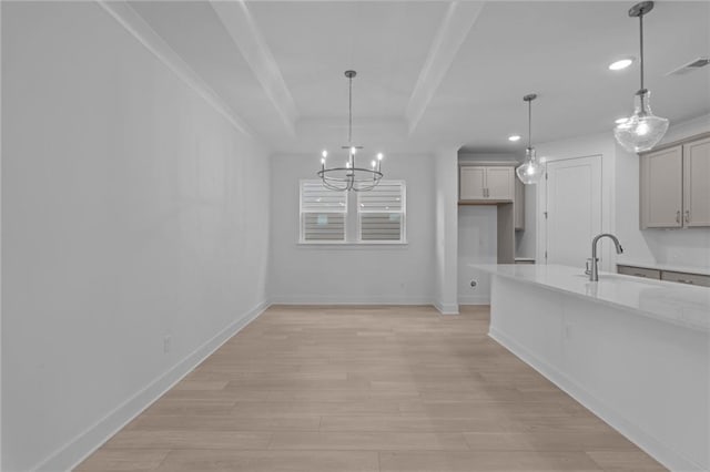 2040 Ripple Park Bnd, Canton, GA 30114 - unfurnished dining area featuring a raised ceiling, a chandelier, light wood finished floors, recessed lighting, and crown molding