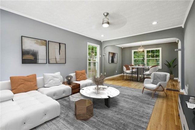 living room featuring a wealth of natural light, arched walkways, baseboards, and wood finished floors