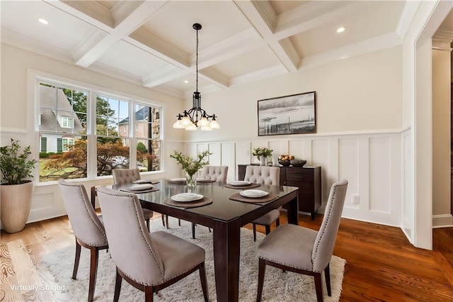 dining room with beamed ceiling, wood-type flooring, a notable chandelier, and coffered ceiling