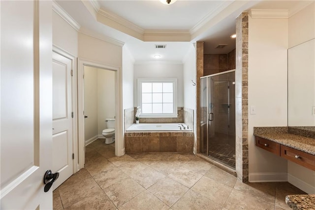 full bathroom with plus walk in shower, vanity, toilet, and ornamental molding