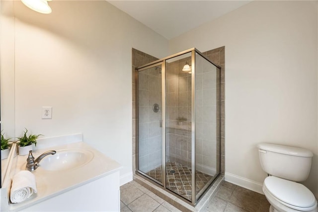 bathroom with tile patterned flooring, vanity, toilet, and a shower with door