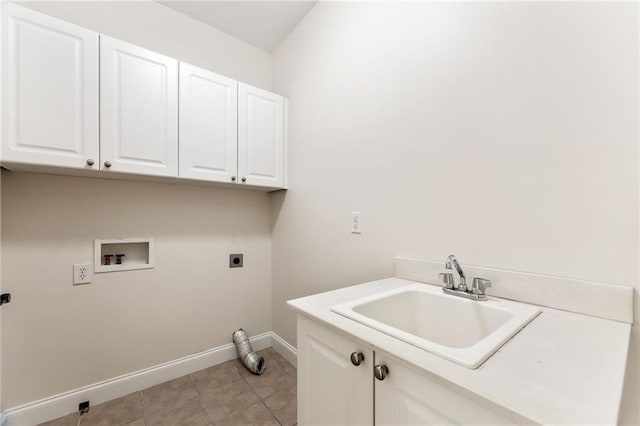 laundry room with electric dryer hookup, cabinets, sink, hookup for a washing machine, and light tile patterned floors