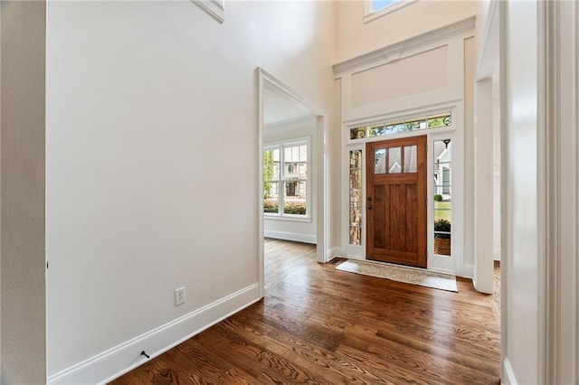 foyer featuring a towering ceiling and dark wood-type flooring