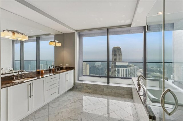 bathroom featuring vanity and a wall of windows