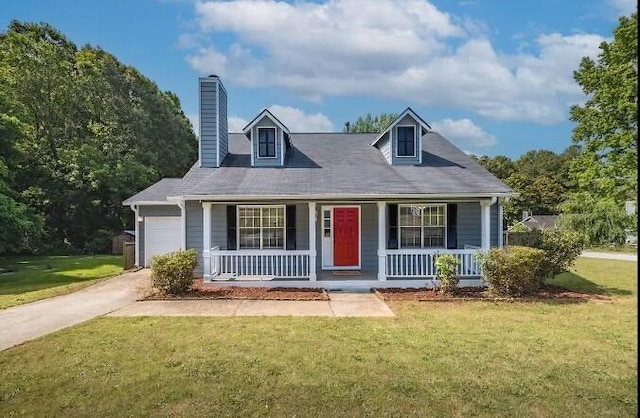 cape cod-style house with a porch, a chimney, driveway, and a front yard