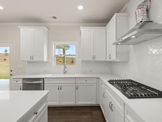 64 Parkview Dr, Dallas, GA 30157 - kitchen featuring white cabinets, wall chimney range hood, sink, gas stovetop, and stainless steel dishwasher