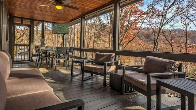 sunroom featuring wood ceiling and ceiling fan