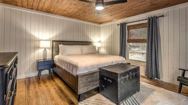 bedroom with wooden ceiling, wood finished floors, baseboards, and wood walls