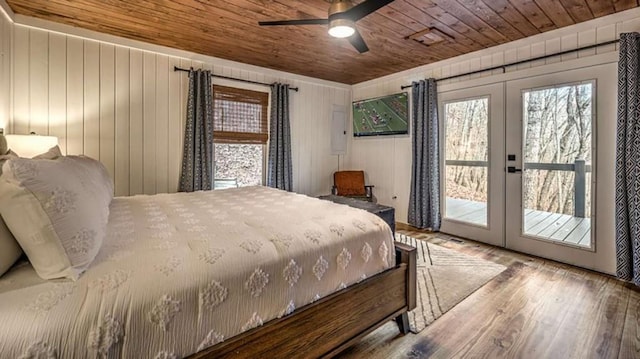 bedroom with a ceiling fan, wood finished floors, wood ceiling, french doors, and access to outside