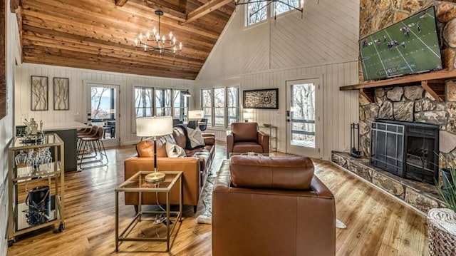 living room with a fireplace, wood ceiling, wood finished floors, and high vaulted ceiling