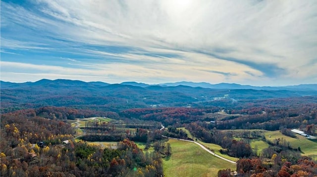 aerial view featuring a mountain view and a view of trees