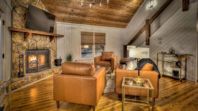 sitting room featuring wood finished floors, wood ceiling, a fireplace, and vaulted ceiling