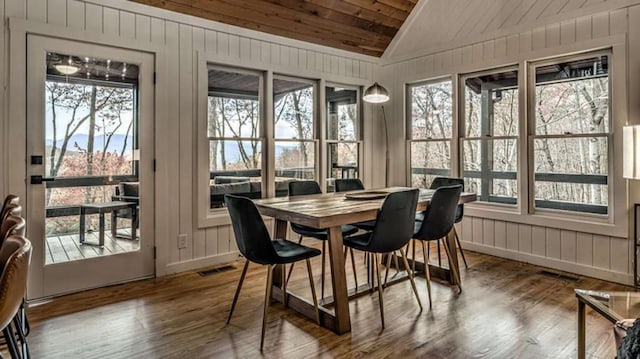 sunroom featuring visible vents, lofted ceiling, and wood ceiling