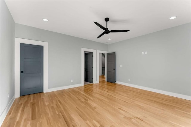 unfurnished bedroom featuring recessed lighting, baseboards, light wood-style flooring, and a ceiling fan