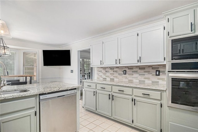3003 Hanover Ln SE, Conyers, GA 30094 - kitchen with stainless steel appliances, light tile patterned flooring, backsplash, light stone counters, and pendant lighting